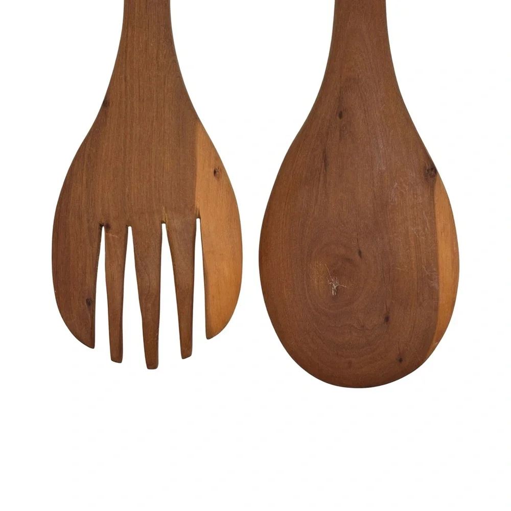 Hand Carved Wood Lions Salad Tongs Serving Fork Spoon Vintage African Animals